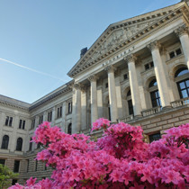 Fassade des Bundesrates mit blühenden Azaleen im Vordergrund