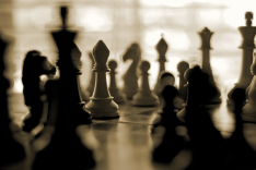Schwarze und weiße Schachfiguren stehen auf einem Schachbrett.
