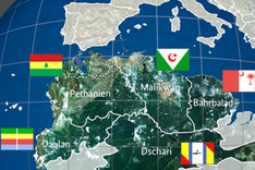 Satellitenkarte und Nationalflaggen von fünf fiktiven Staaten des erfundenen Kontinents „Konseptimo“, südlich des Mittelmeers an der Stelle von Nordafrika gelegen