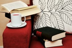 Bücher und eine Tasse Tee auf einem roten Sofa