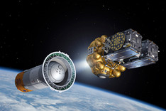 Illustration zweier Navigationssatelliten des europäischen Systems “Galileo” bei der Separation von der Trägerraketenendstufe