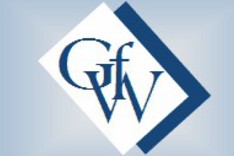 Die blauen Buchstaben G, f und W vor einem weißen rechteckigen Hintergrund.