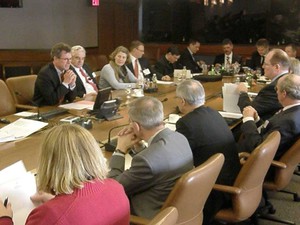 Viele Personen sitzen an einem großen Konferenztisch.