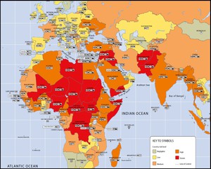 Weltkarte mit Gefahreneinschätzung im Bereich Terrrorismus