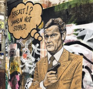 Das Graffito eines Mannes im braunen Anzug ist zu sehen, mit der Sprechblase "Brexit!? Shaken not stirred."