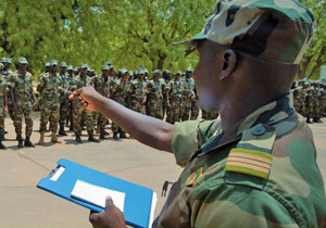 Ein malischer Offizier instruiert vor ihm angetretene Soldaten.