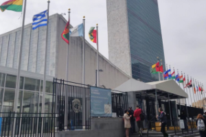 Hinter einer Reihe von Staatsflaggen ragt das Hauptgebäude der Vereinten Nationen in New York City auf.