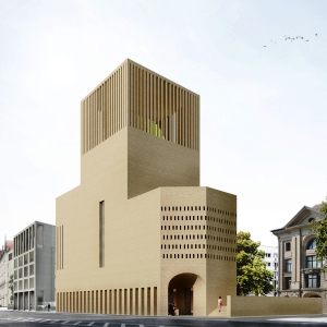Das Bild zeigt das Modell eines interreligiösen Gebäudes. 
