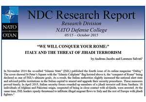 Titelseite eines Forschungsberichts des NATO Defense College mit der Überschrift: „‘We will conquer your Rome’: Italy and the threat of jihadi terrorism“