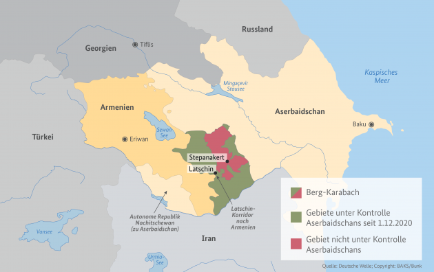 Eine Karte der Region Berg-Karabach und der sie umgebenden Staaten.