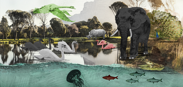 Illustration eines Tierparks mit Land- und Wassertieren