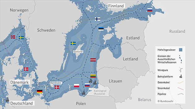 Die Grafik zeigt die Seegrenzen von Anrainerstaaten der Ostsee.