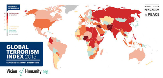 Welt-Übersichtskarte „2015 Global Terrorism Index Map“ des Institute for Economics & Peace