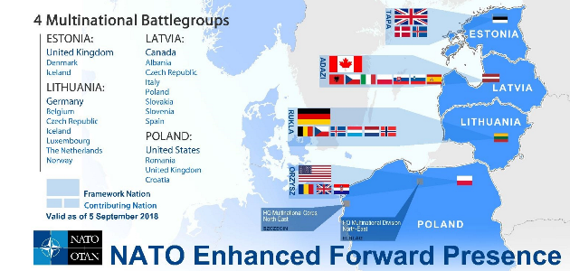 Eine Karte zeigt eine Übersicht der truppenstellenden Staaten für die NATO Enhanced Forward Presence in Polen und im Baltikum.