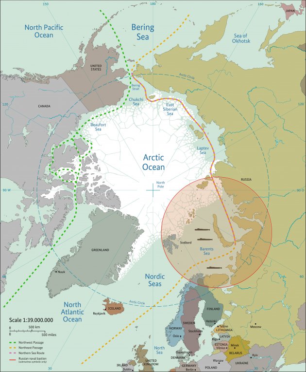 A map of the Arctic in English.