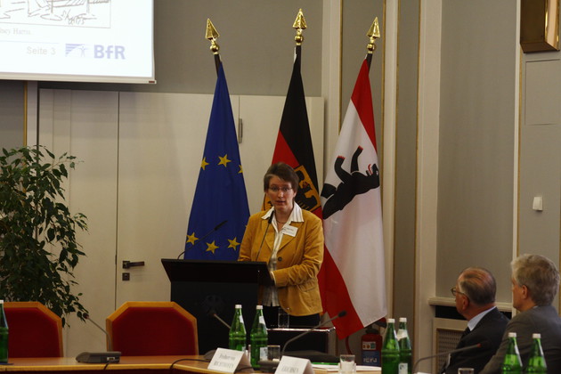Eine Dame hält stehend einen Vortrag 